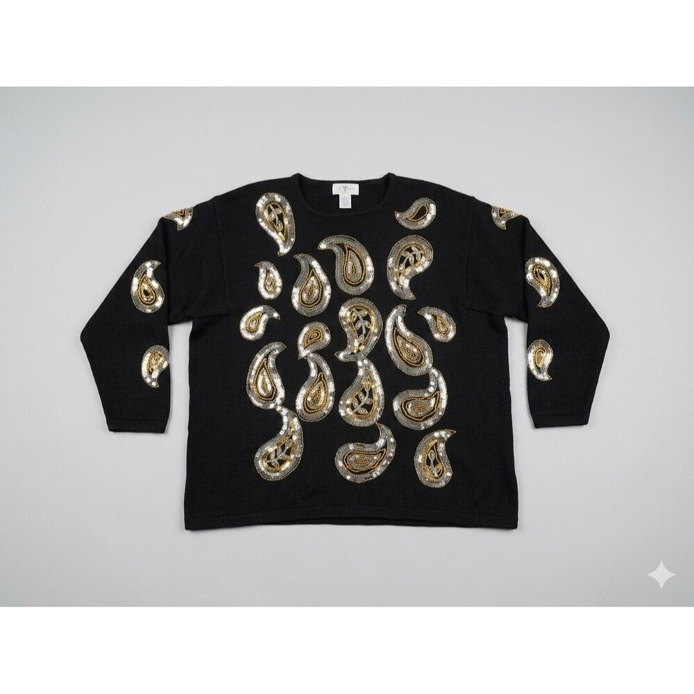 Vintage Venezia Vitale by Lane Bryant Womens 22/24 3X Black Sweater Gold Sequins
